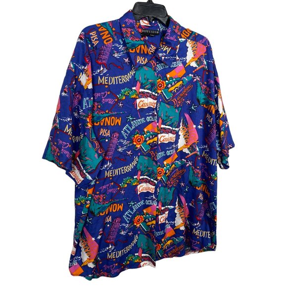 IB Diffusion Button Up Shirt Womens 24W Blue Graphic Destination Vacation Rayon - Picture 4 of 6